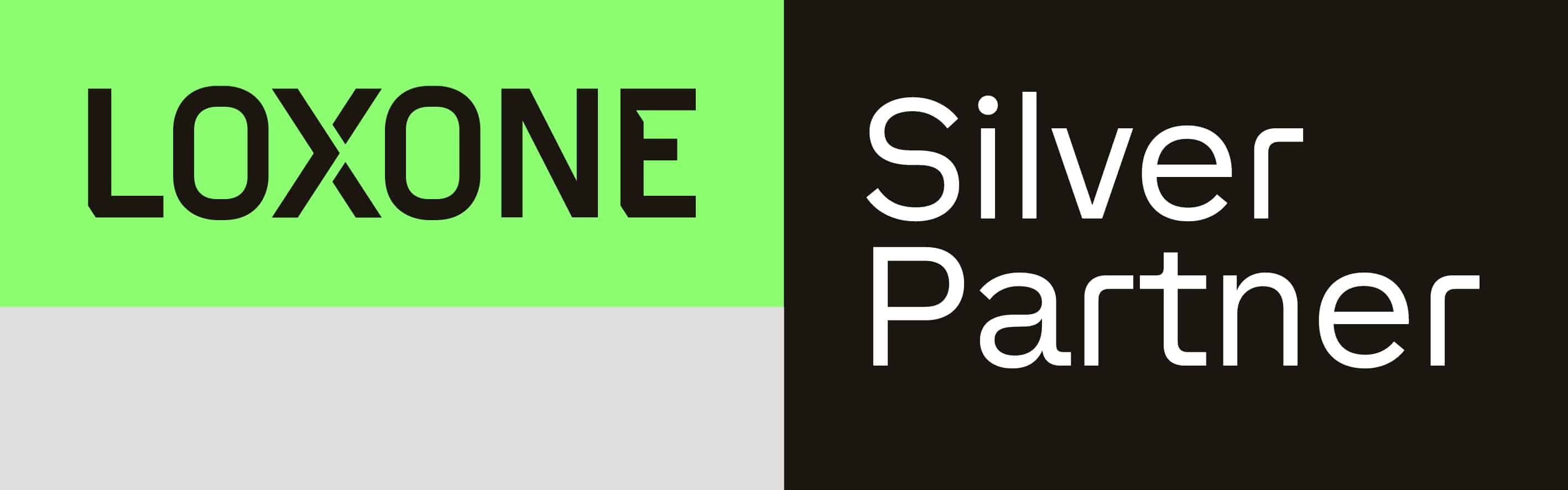 Loxone name on bright green background, silver partner in silver letters on b lack background